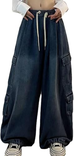 Jeans Amples de Style Rock pour Femmes Jeans Amples Multi-Poches Mode Denim vêtements de Travail Pantalons de survêtement Taille Basse surdimensionnés Hip hop Streetwear (Bleu,S)