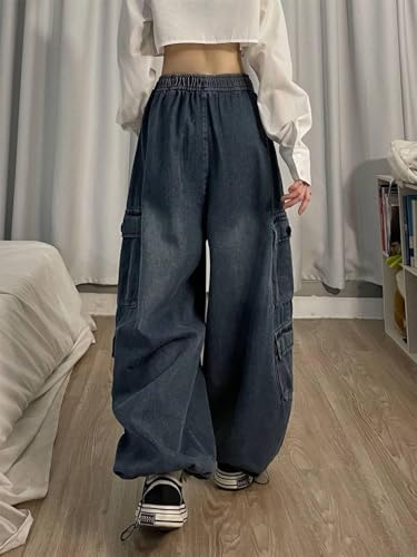 Jeans Amples de Style Rock pour Femmes Jeans Amples Multi-Poches Mode Denim vêtements de Travail Pantalons de survêtement Taille Basse surdimensionnés Hip hop Streetwear (Bleu,S)