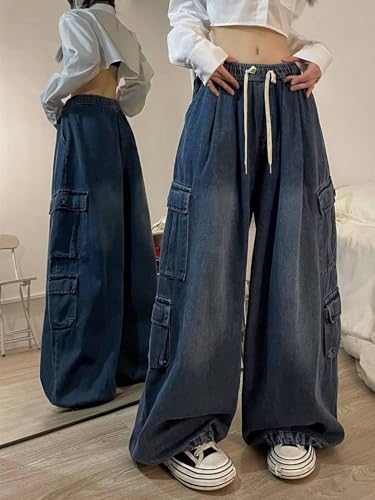 Jeans Amples de Style Rock pour Femmes Jeans Amples Multi-Poches Mode Denim vêtements de Travail Pantalons de survêtement Taille Basse surdimensionnés Hip hop Streetwear (Bleu,S)