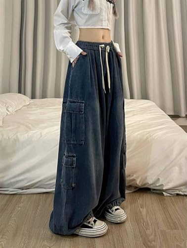 Jeans Amples de Style Rock pour Femmes Jeans Amples Multi-Poches Mode Denim vêtements de Travail Pantalons de survêtement Taille Basse surdimensionnés Hip hop Streetwear (Bleu,S)