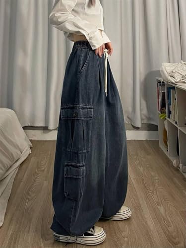 Jeans Amples de Style Rock pour Femmes Jeans Amples Multi-Poches Mode Denim vêtements de Travail Pantalons de survêtement Taille Basse surdimensionnés Hip hop Streetwear (Bleu,S)