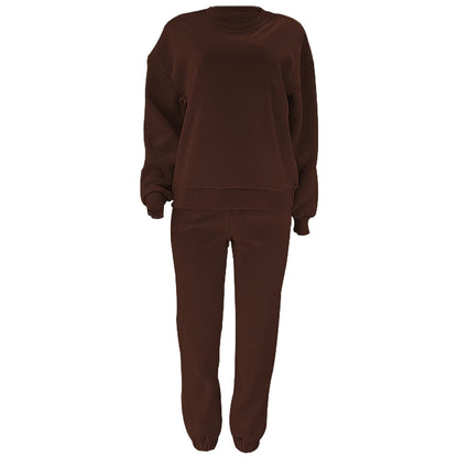 Survêtement Femme Ensemble doublée de Fourrure Sweat à Pullover et Pantalon Jogging (Café,L)