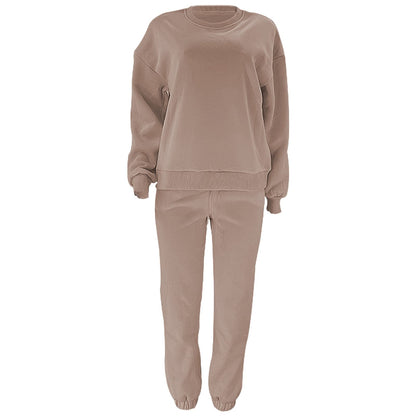 Survêtement Femme Ensemble doublée de Fourrure Sweat à Pullover et Pantalon Jogging (Marron,S)