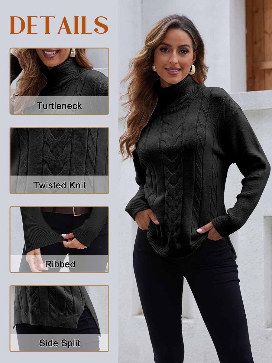 Joligiao Pull Femme Col Roulé Pullover Maille Torsadée à Manches Longues Femme Pulls Décontractés Pull Léger Coupe Classique Pullover Couleur Unie Chic Et Elegant Automne Hiver Noir M