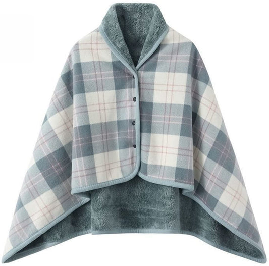 WINKEEY Femme Poncho Polaire Plaid Châle Polaire Cape Chaud d'hiver avec Boutons Couverture à Carreaux, Bleu Clair