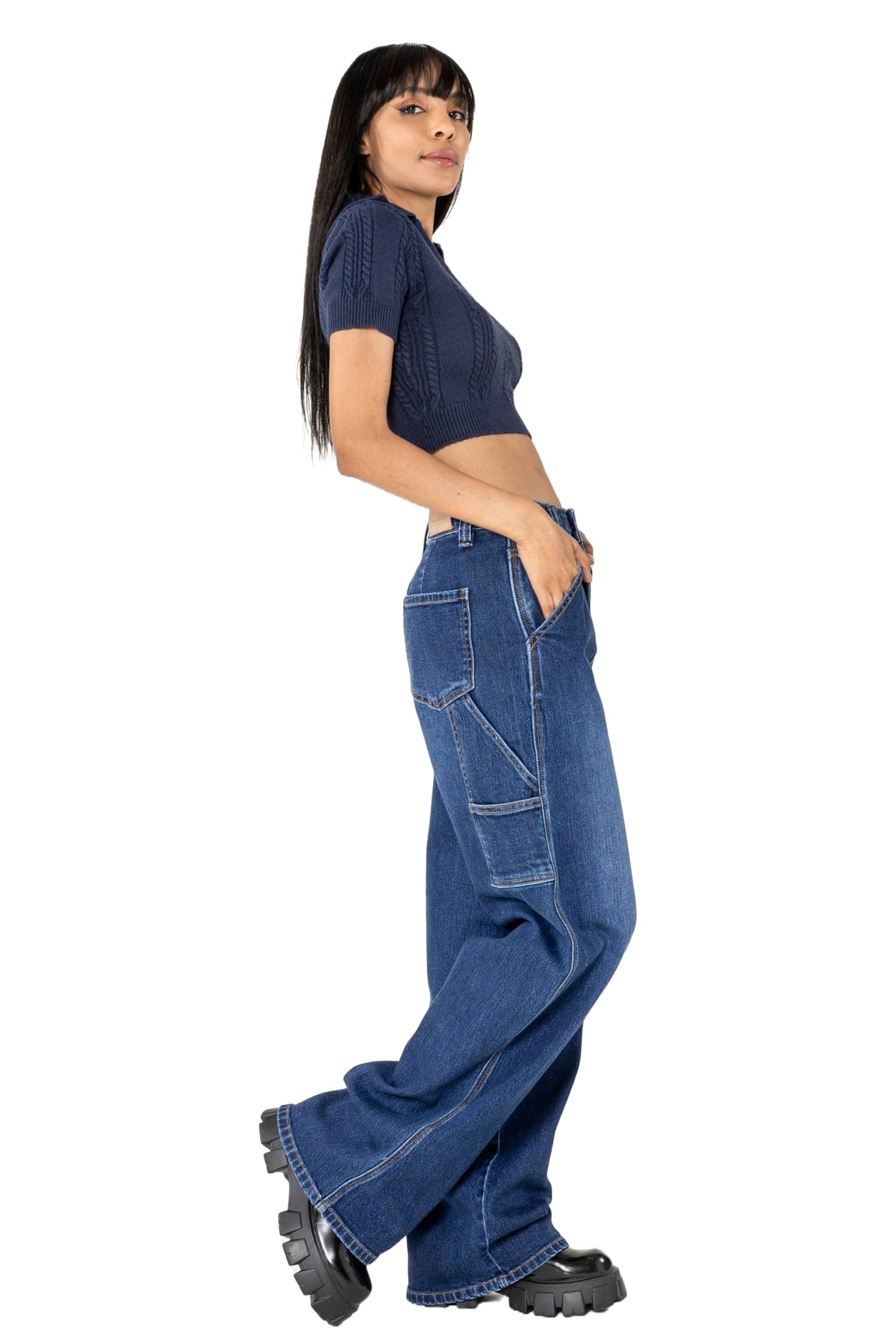 Nina Carter YY301 Jean carpenter pour femme - Jean stretch large au look usé avec jambes évasées, Bleu foncé (Yy301-9), M