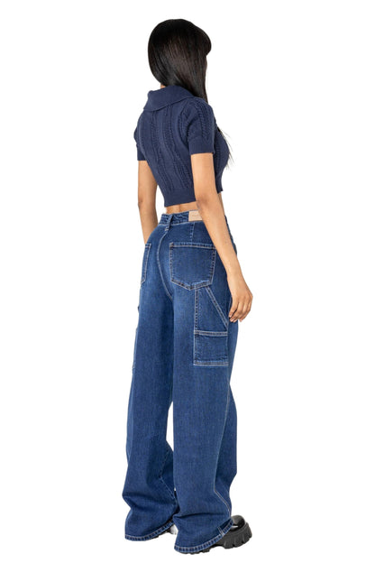 Nina Carter YY301 Jean carpenter pour femme - Jean stretch large au look usé avec jambes évasées, Bleu foncé (Yy301-9), M