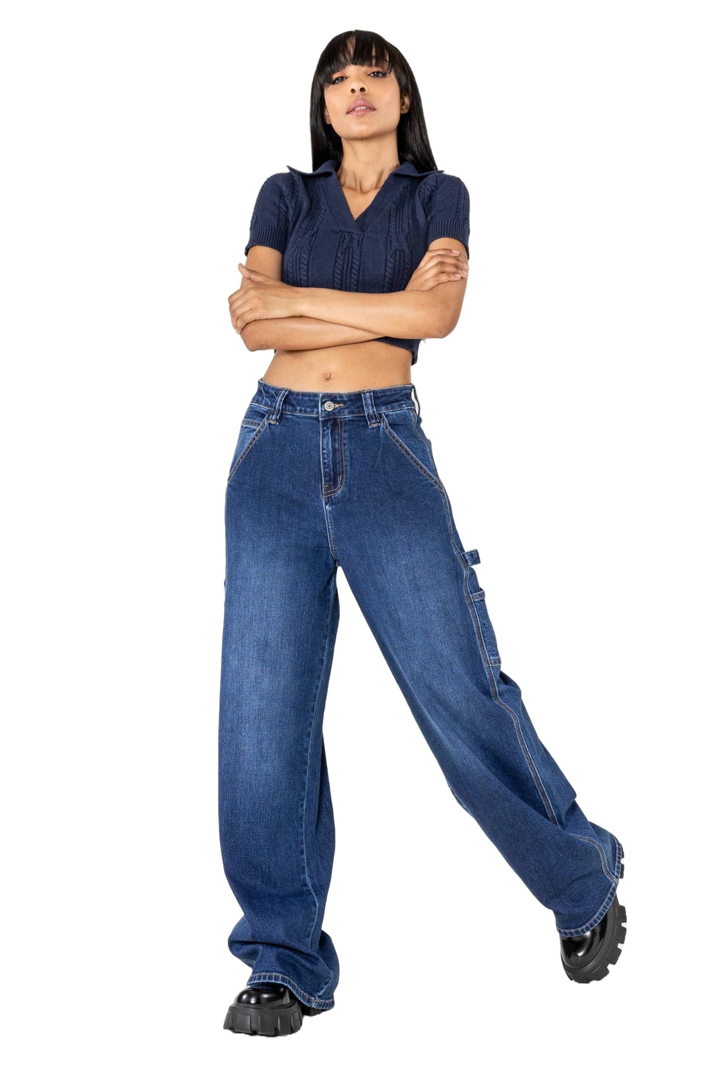 Nina Carter YY301 Jean carpenter pour femme - Jean stretch large au look usé avec jambes évasées, Bleu foncé (Yy301-9), M