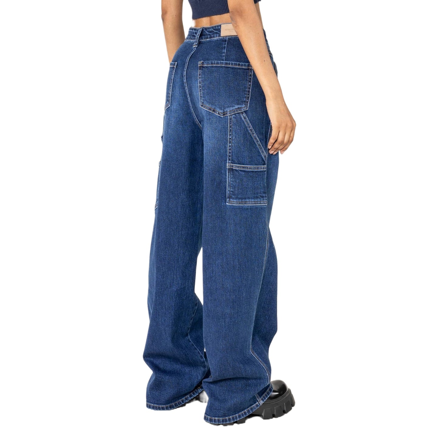 Nina Carter YY301 Jean carpenter pour femme - Jean stretch large au look usé avec jambes évasées, Bleu foncé (Yy301-9), M