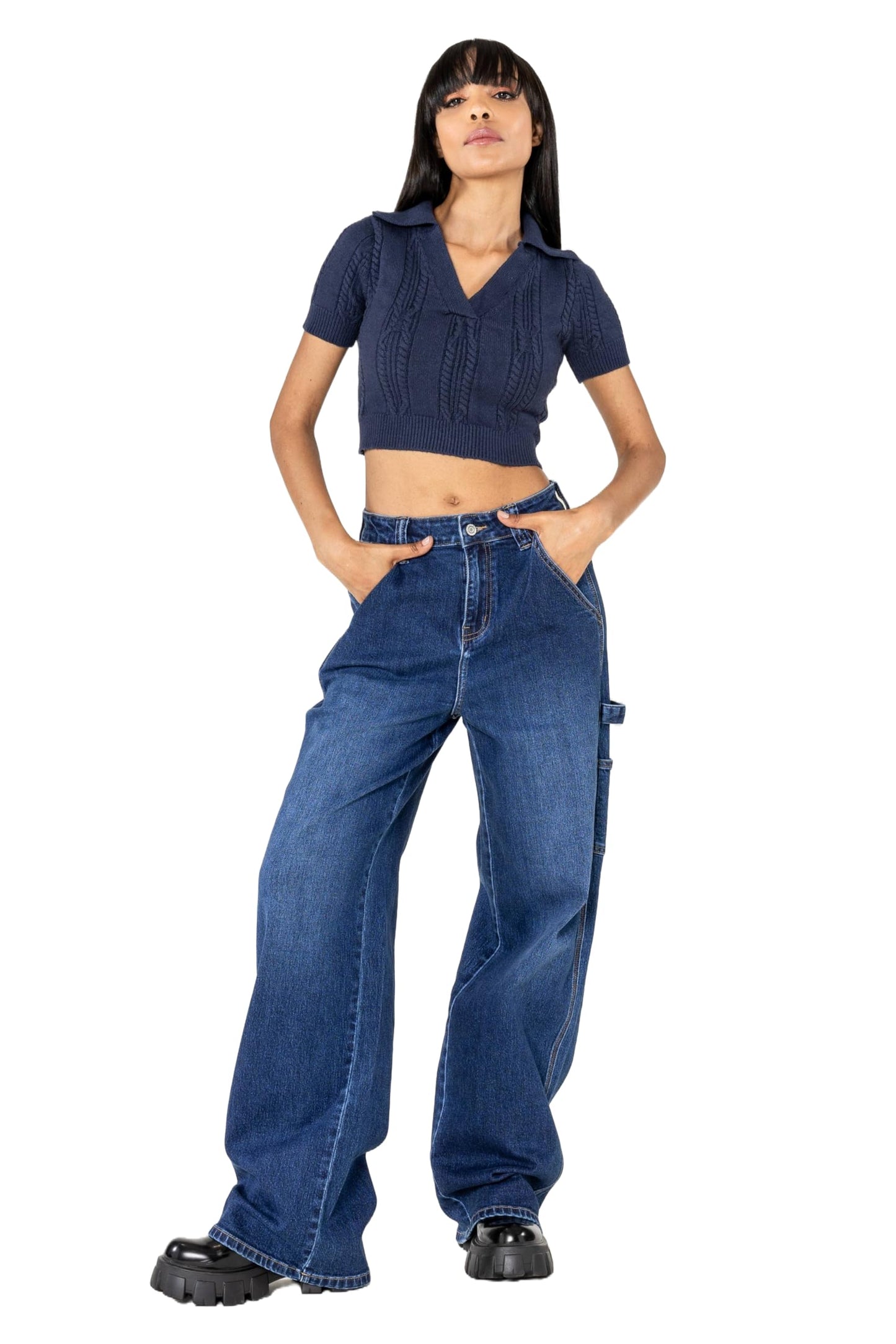 Nina Carter YY301 Jean carpenter pour femme - Jean stretch large au look usé avec jambes évasées, Bleu foncé (Yy301-9), M