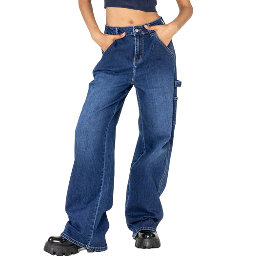 Nina Carter YY301 Jean carpenter pour femme - Jean stretch large au look usé avec jambes évasées, Bleu foncé (Yy301-9), M